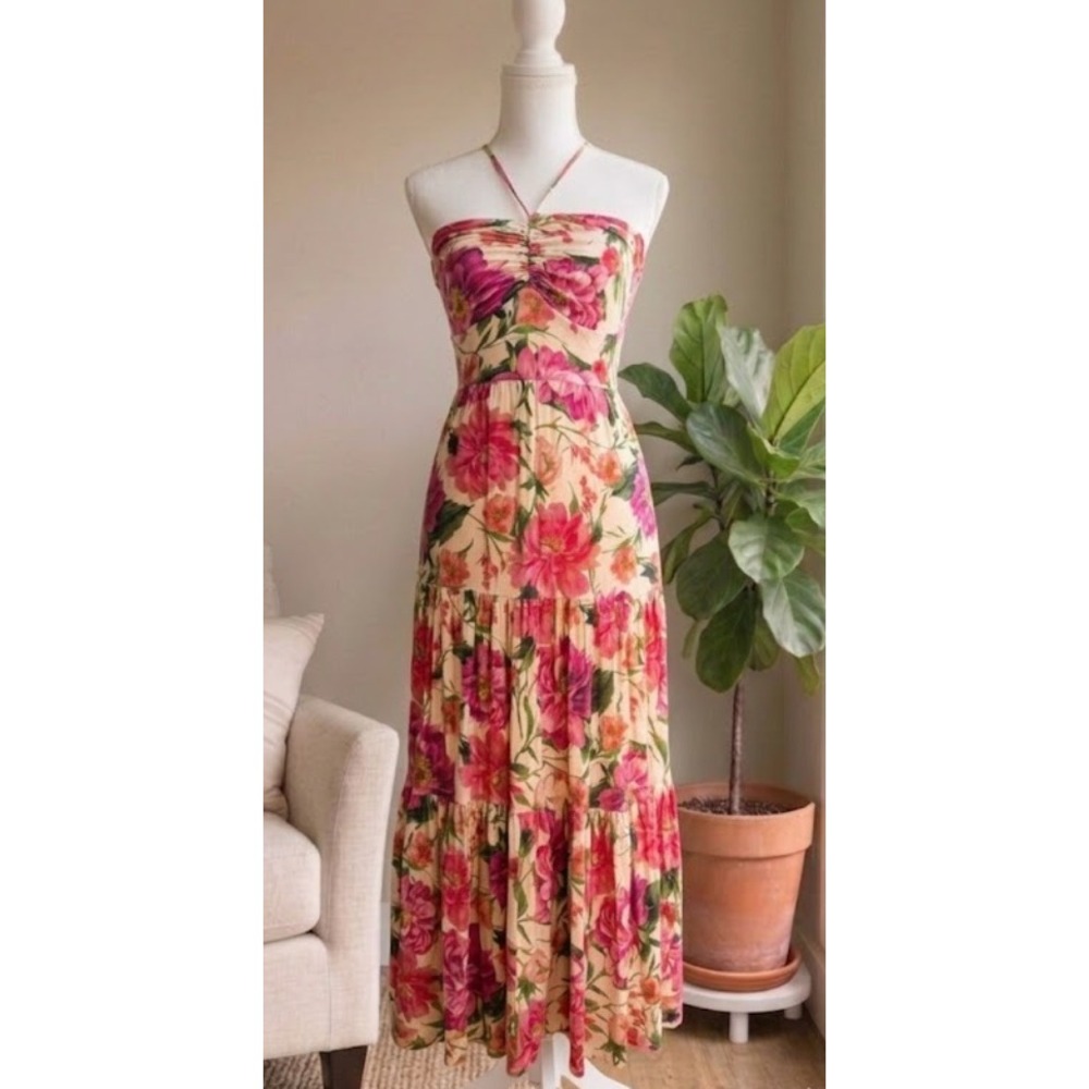 Express Maxi Dress Small Pink Floral Halter Ruched Tiered Open Back Cottagecore